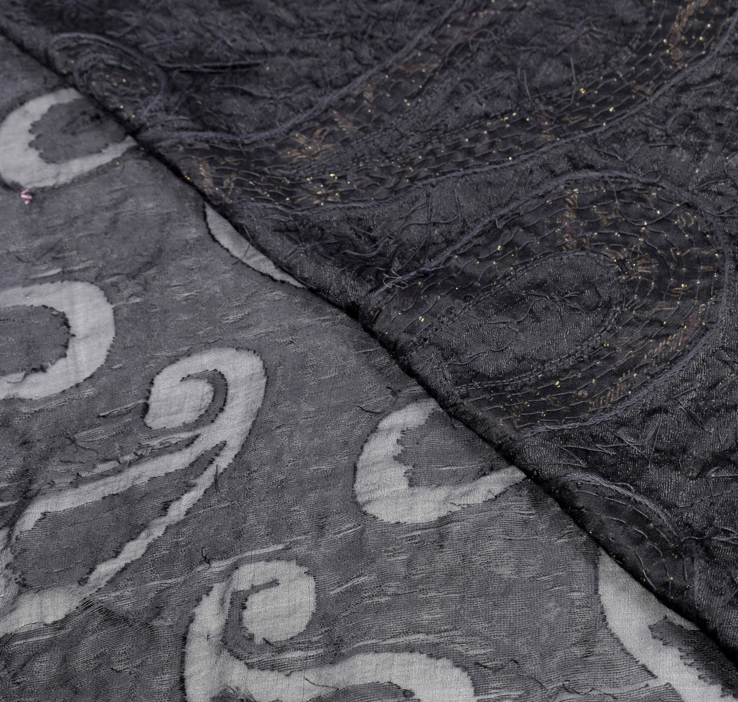 Sushila Vintage Zardozi Work Saree Pure Silk HEAVY Black Self Woven Sari Fabric