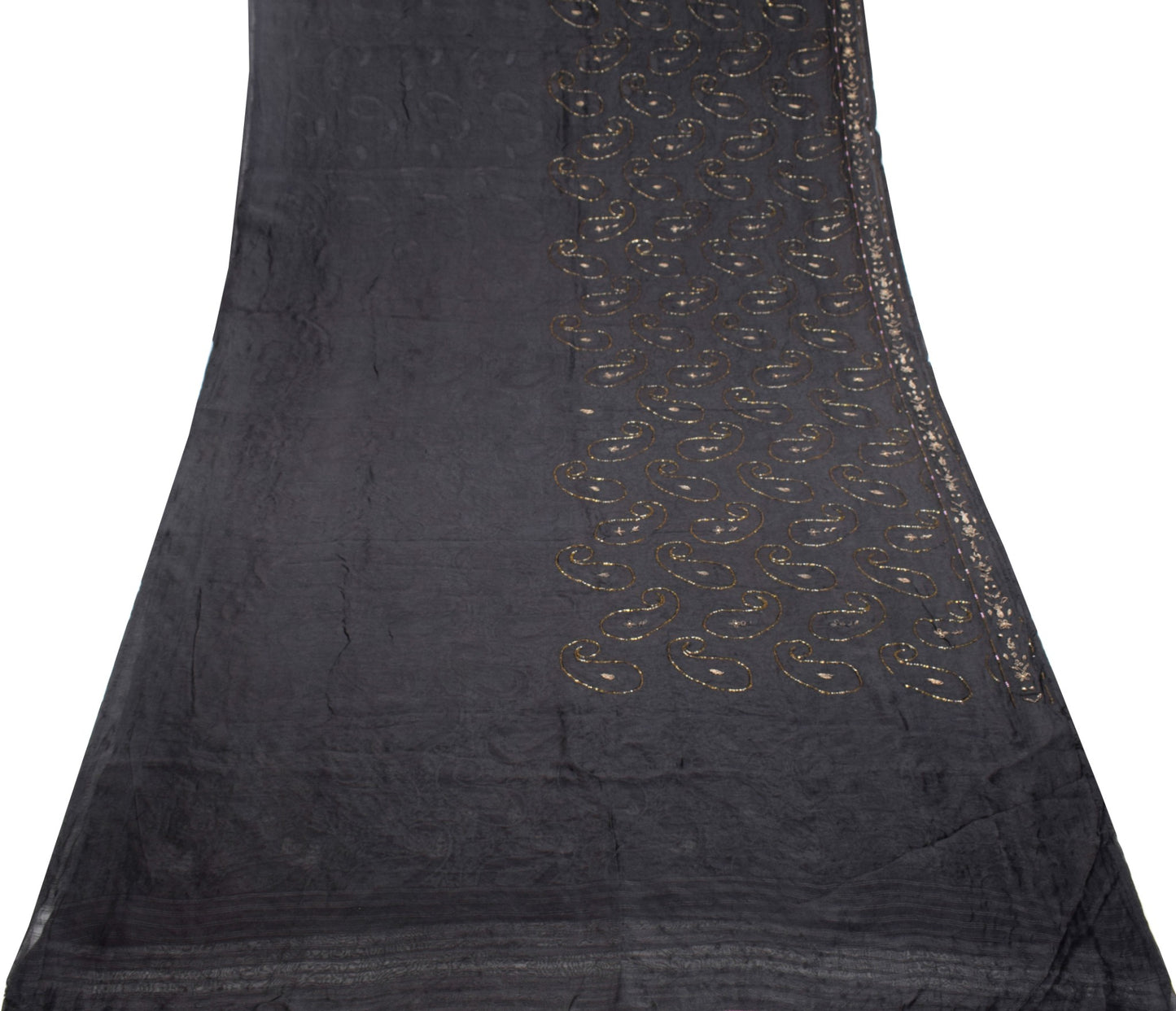 Sushila Vintage Zardozi Work Saree Pure Silk HEAVY Black Self Woven Sari Fabric