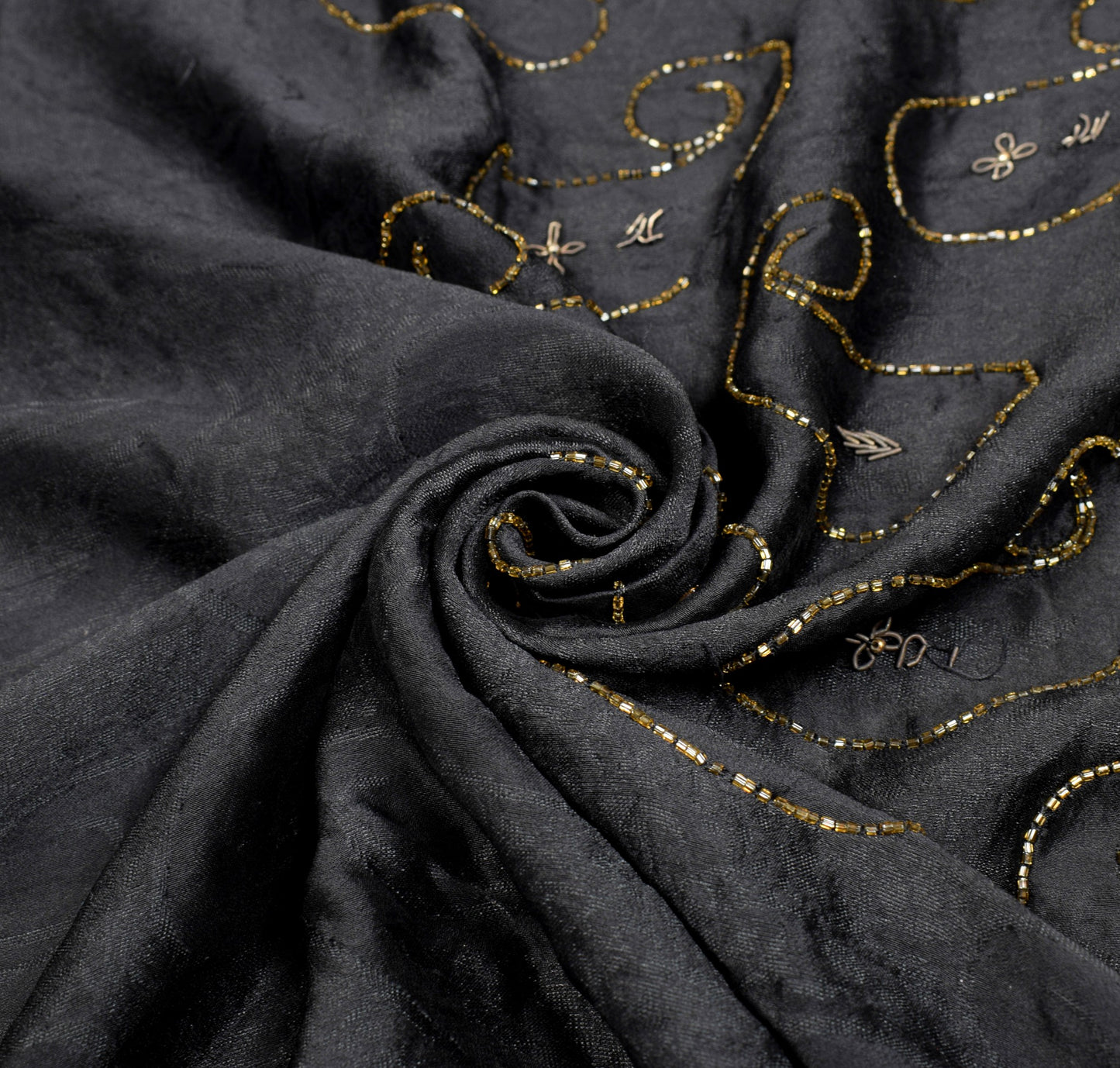 Sushila Vintage Zardozi Work Saree Pure Silk HEAVY Black Self Woven Sari Fabric