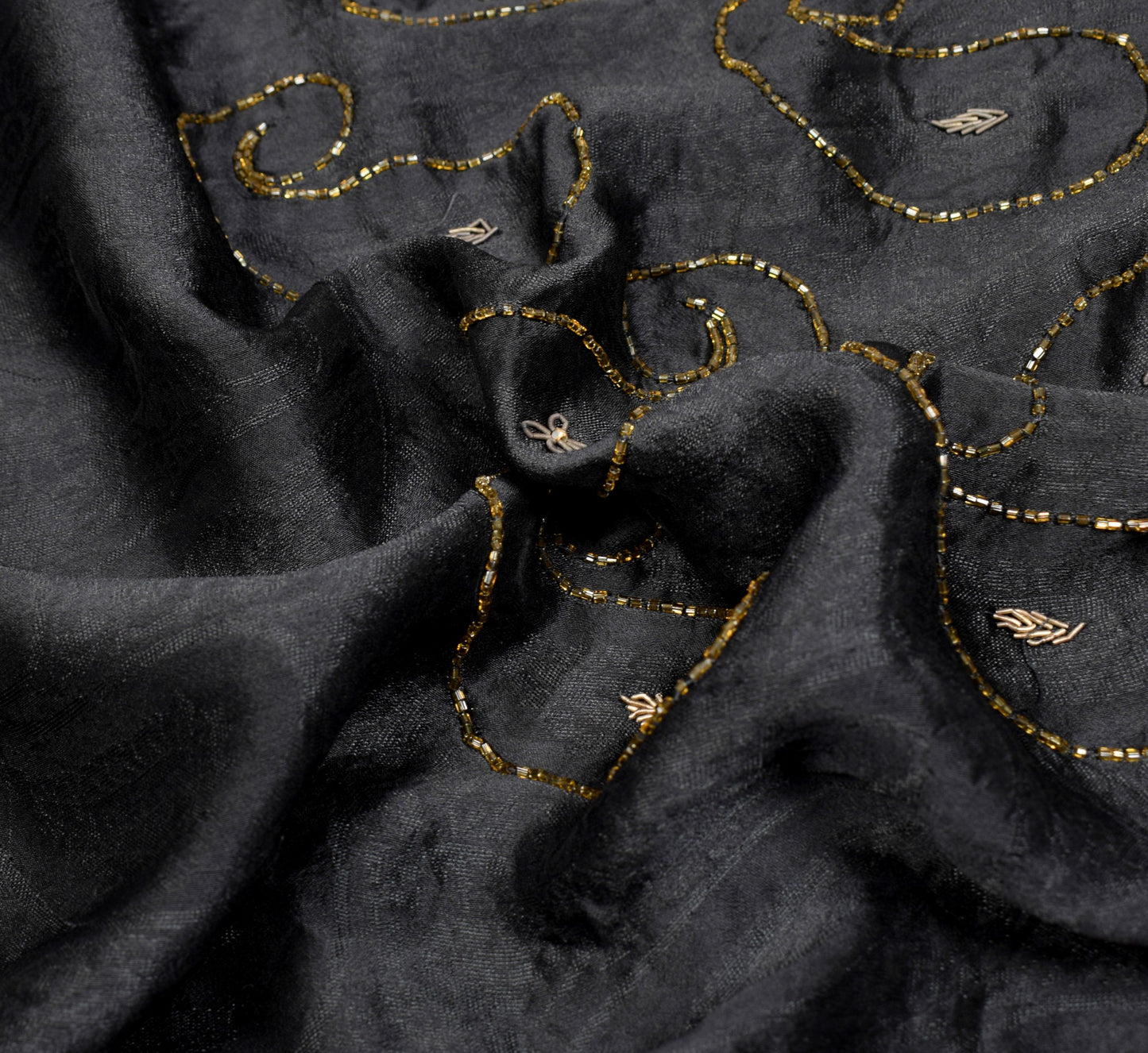 Sushila Vintage Zardozi Work Saree Pure Silk HEAVY Black Self Woven Sari Fabric