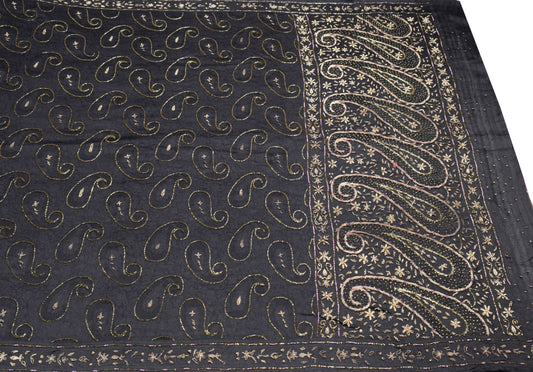 Sushila Vintage Zardozi Work Saree Pure Silk HEAVY Black Self Woven Sari Fabric