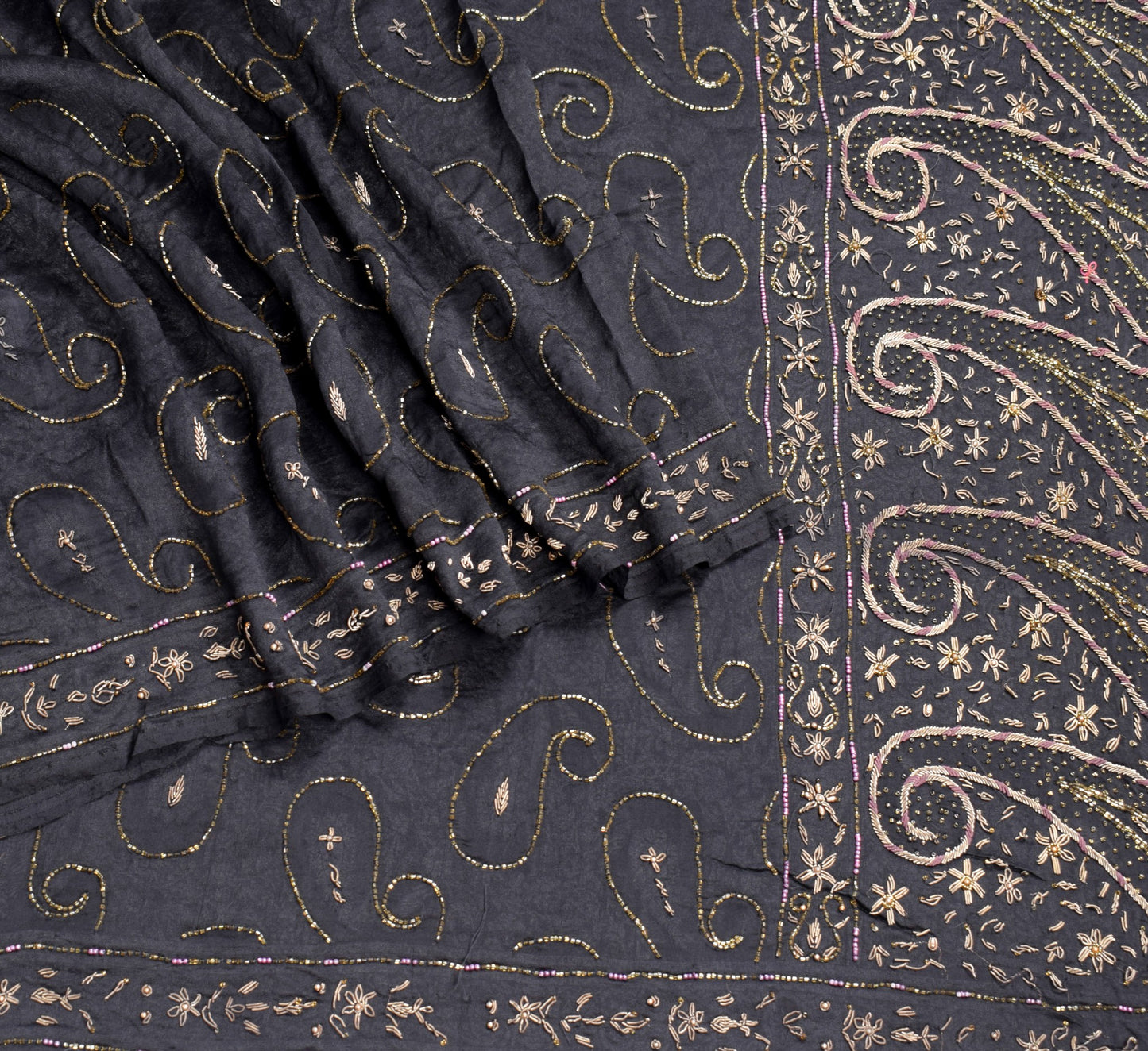 Sushila Vintage Zardozi Work Saree Pure Silk HEAVY Black Self Woven Sari Fabric