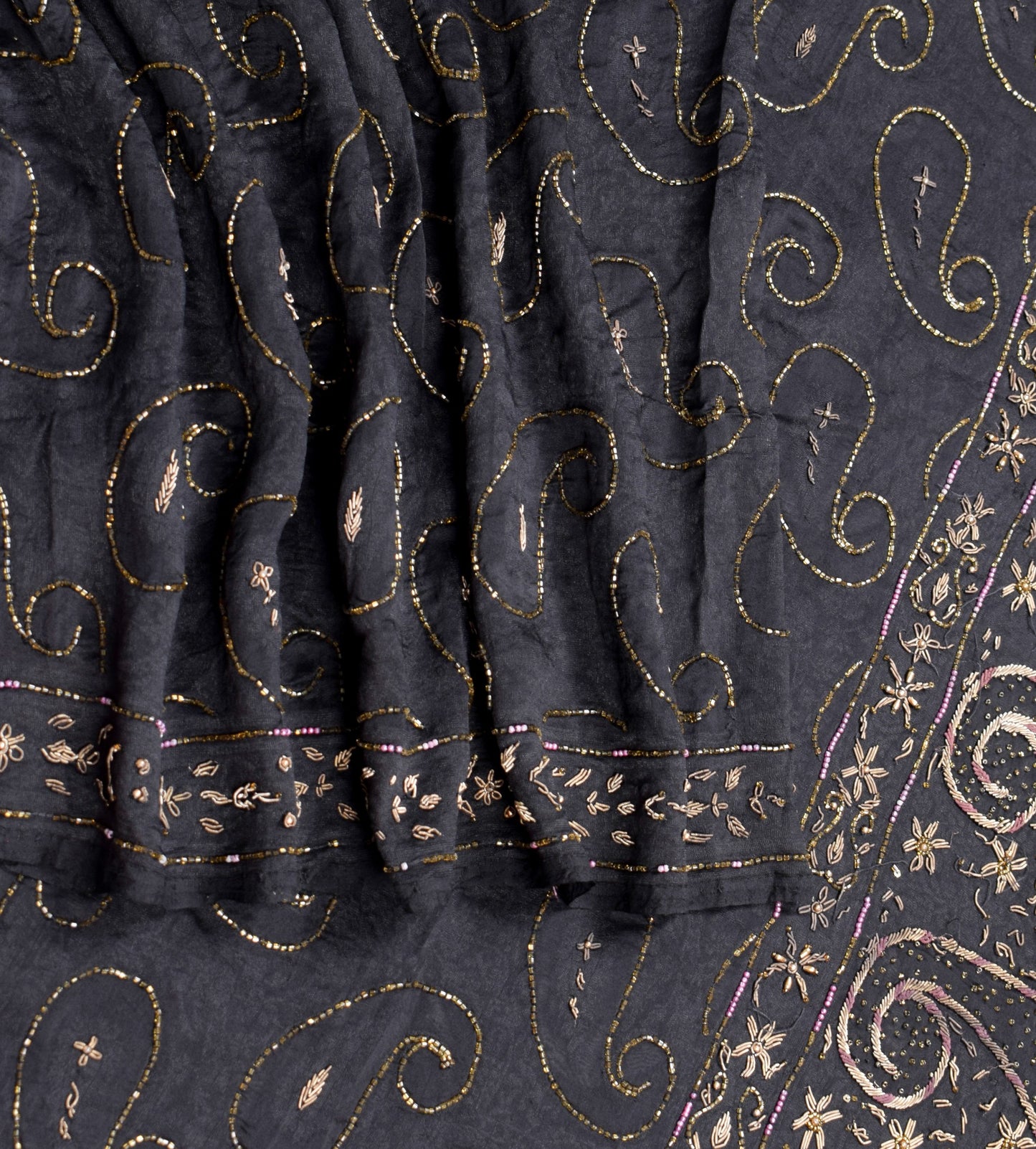 Sushila Vintage Zardozi Work Saree Pure Silk HEAVY Black Self Woven Sari Fabric