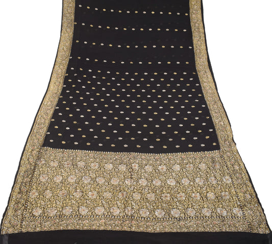Sushila Vintage Black Banarasi Saree Silver Gold Zari Woven Georgette HEAVY Sari