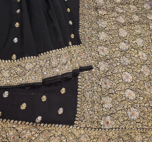 Sushila Vintage Black Banarasi Saree Silver Gold Zari Woven Georgette HEAVY Sari