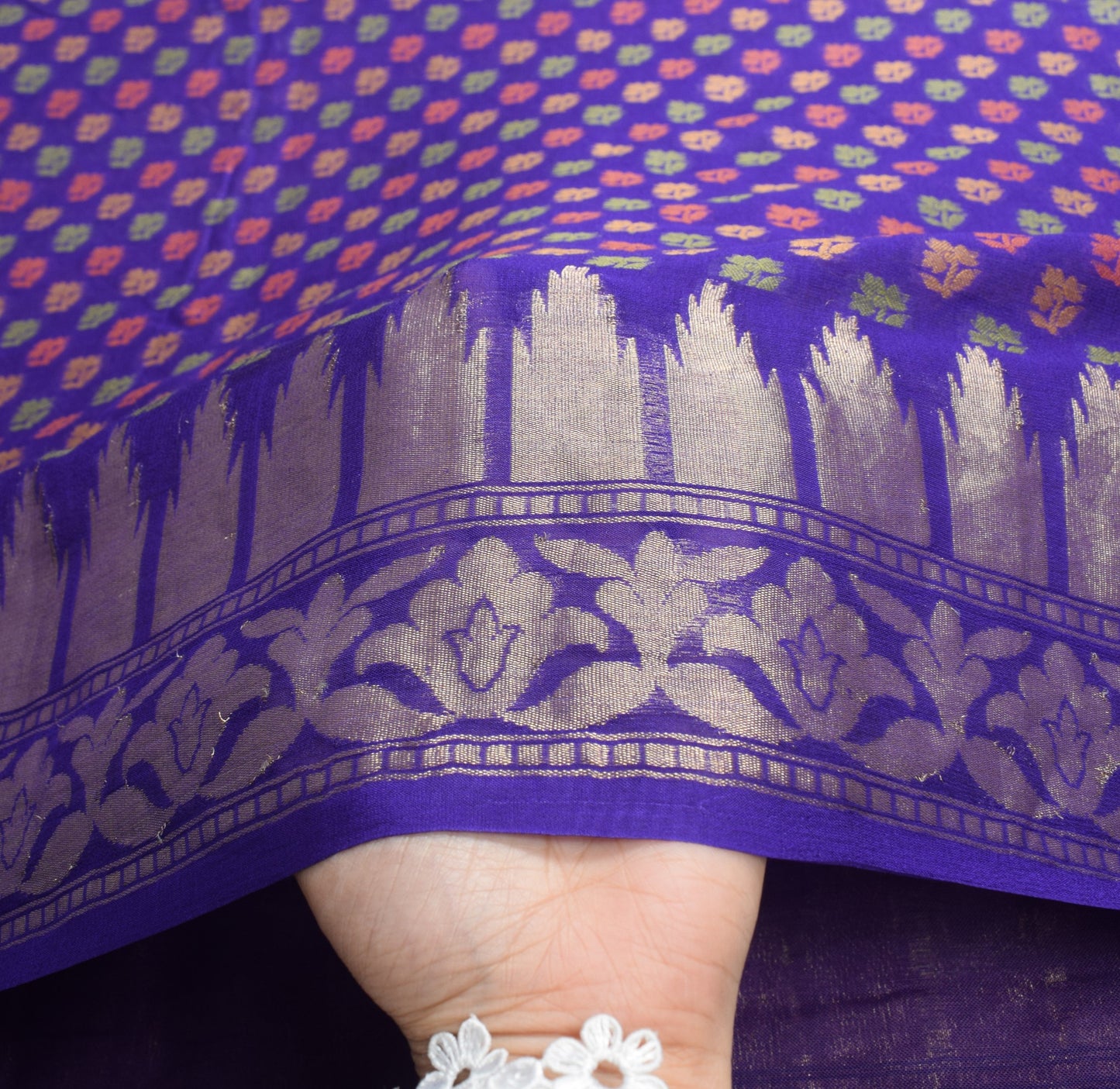 Sushila Vintage Pure Banarasi Chiffon Saree HEAVY Handloom Purple Sari Fabric