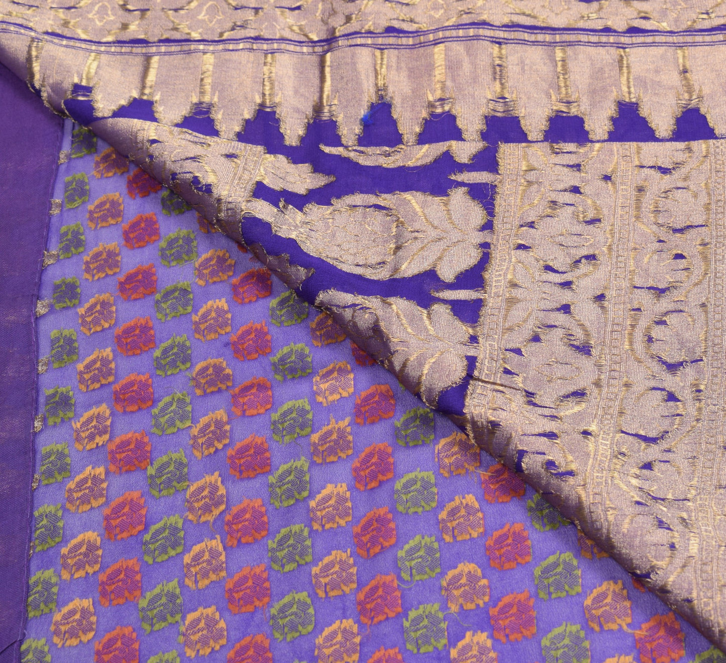 Sushila Vintage Pure Banarasi Chiffon Saree HEAVY Handloom Purple Sari Fabric