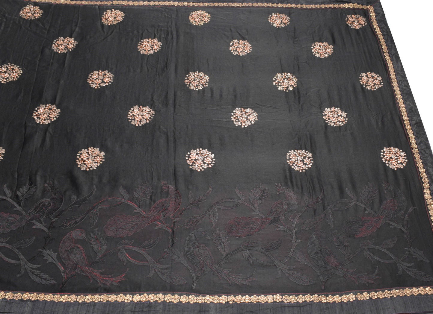 Sushila Vintage Black HEAVY Saree 100% Pure Silk Peacock Embroidered Sari Fabric