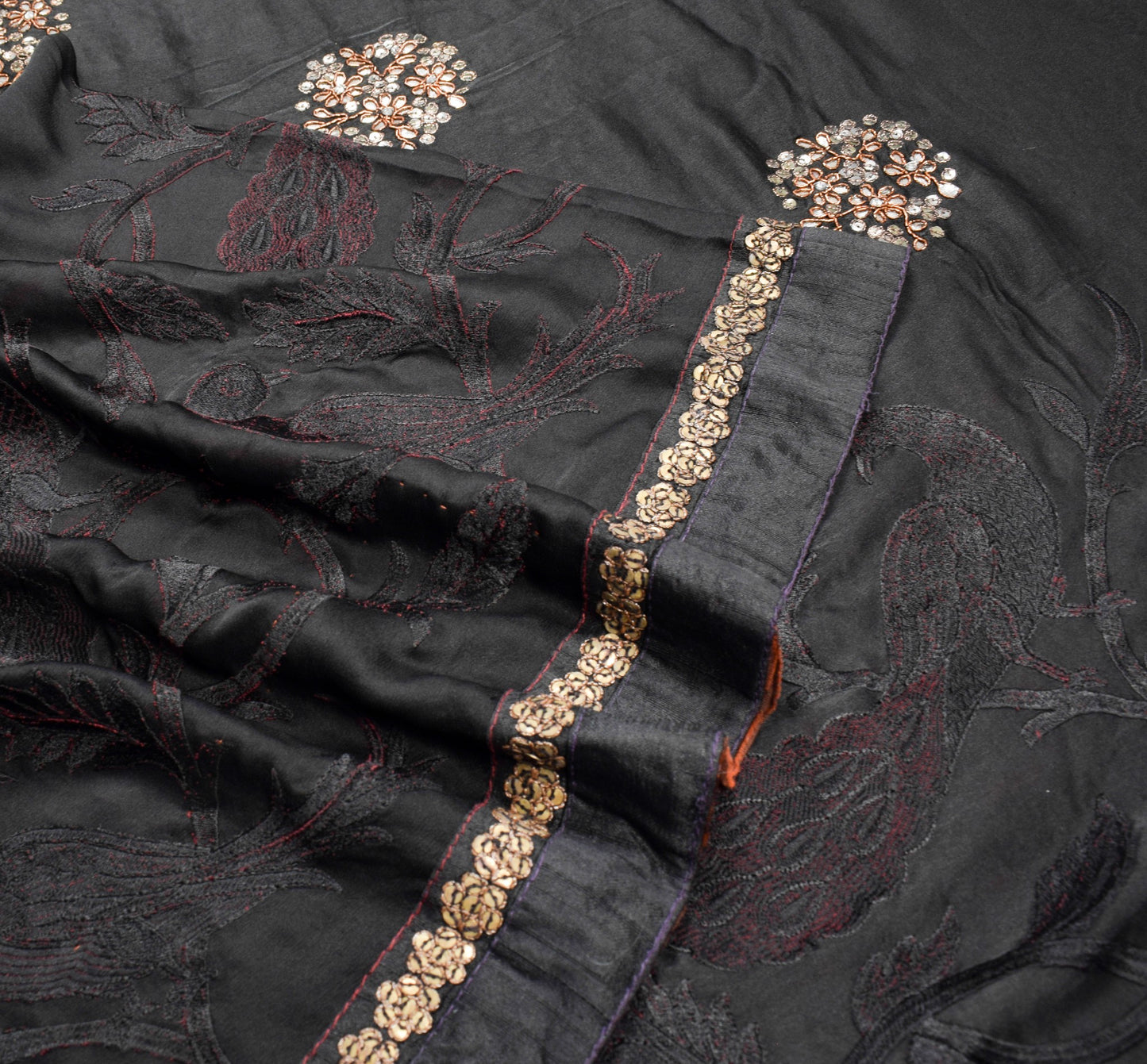 Sushila Vintage Black HEAVY Saree 100% Pure Silk Peacock Embroidered Sari Fabric