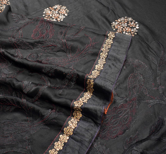 Sushila Vintage Black HEAVY Saree 100% Pure Silk Peacock Embroidered Sari Fabric