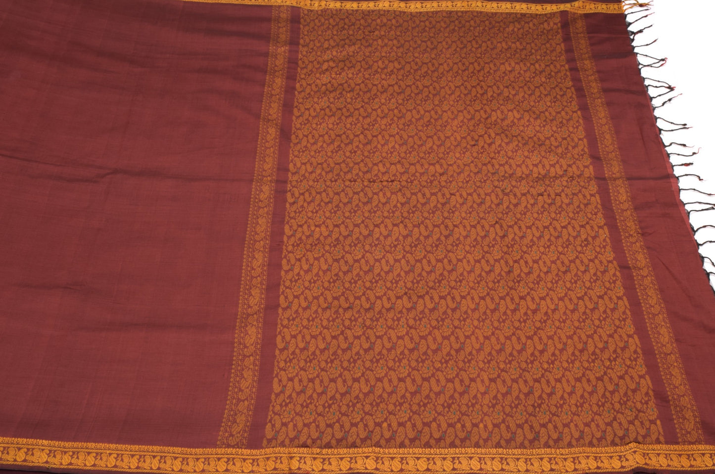 Sushila Vintage Chettinad Maroon Saree Handloom Cotton Peacock 6 YD Sari Fabric