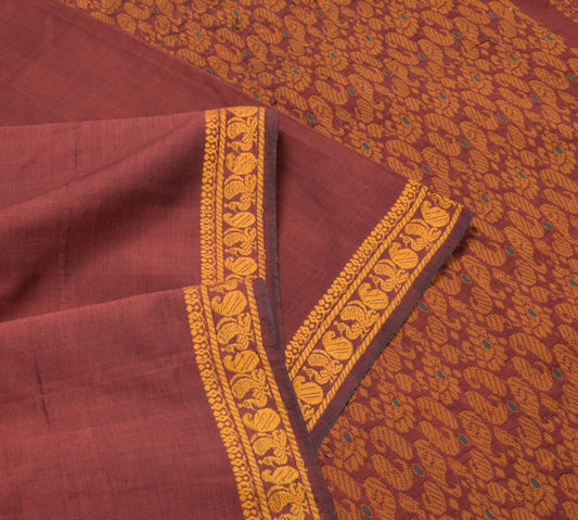 Sushila Vintage Chettinad Maroon Saree Handloom Cotton Peacock 6 YD Sari Fabric