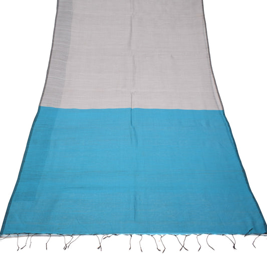 Sushila Vintage Gray Saree Turquoise Blue Pallu Handloom Art Cotton Sari Fabric