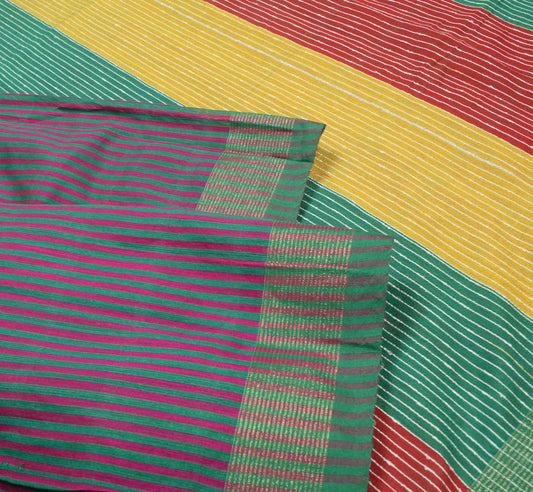 Sushila Vintage Multi-Color Handloom Saree Stripes Art Cotton Silk 6 Yard Sari