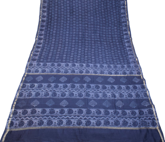Sushila Vintage Indigo Saree Pure Cotton Silk Hand Block Printed 5YD Sari Fabric