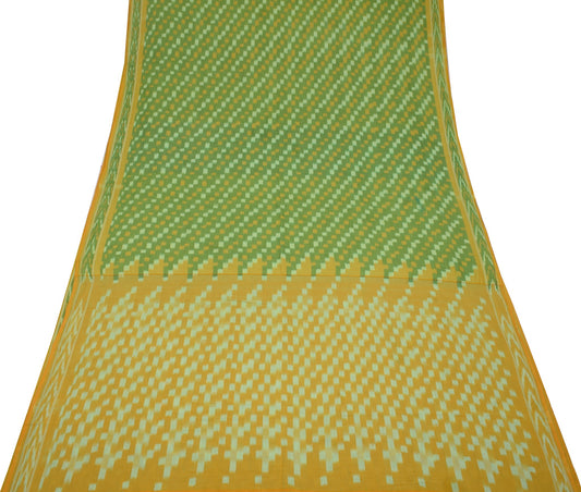 Sushila Vintage Handloom Pochampally Ikat Sari Pure Cotton Green Yellow Saree
