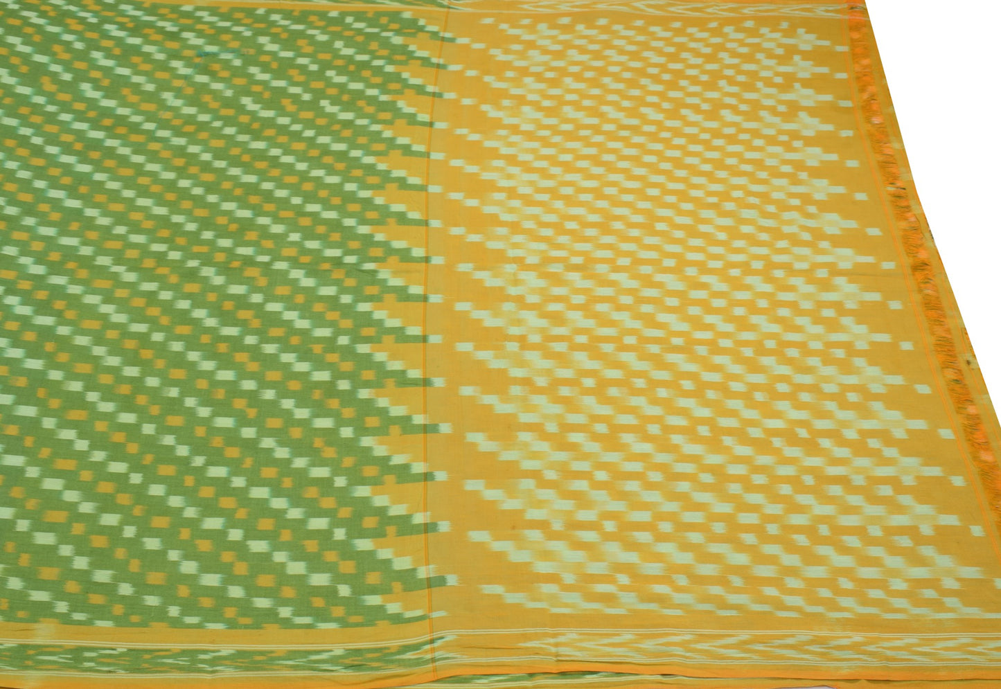 Sushila Vintage Handloom Pochampally Ikat Sari Pure Cotton Green Yellow Saree