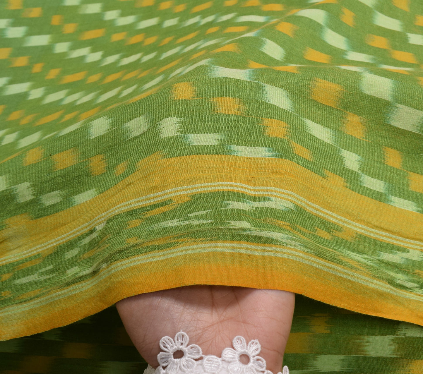 Sushila Vintage Handloom Pochampally Ikat Sari Pure Cotton Green Yellow Saree