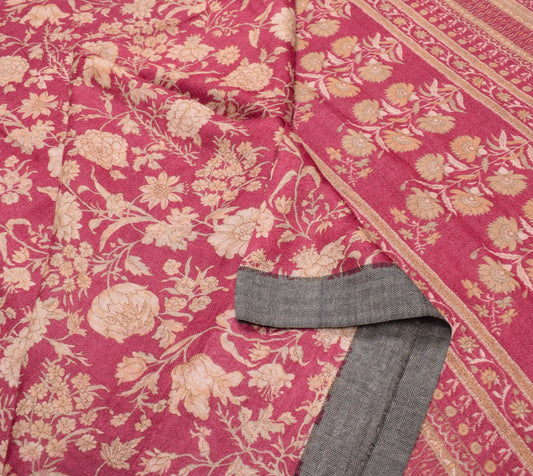 Sushila Vintage Pure Woolen Saree Floral Printed Woven Dark Magenta Sari Fabric