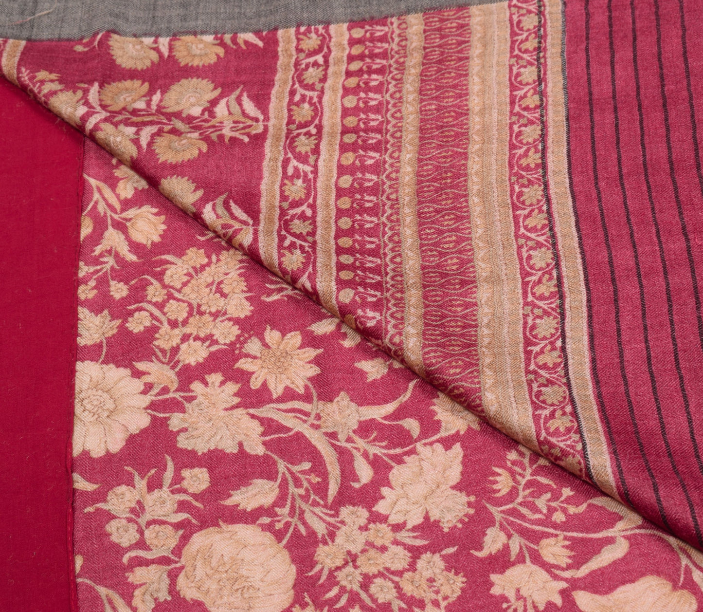 Sushila Vintage Pure Woolen Saree Floral Printed Woven Dark Magenta Sari Fabric