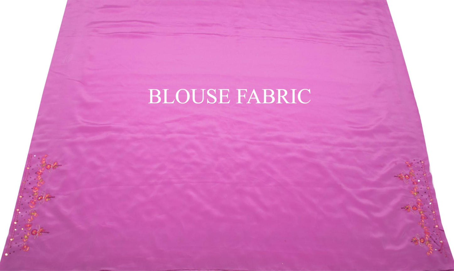 Sushila Vintage 6 Yard Pink Saree Hand Embroidered Art Crepe Sari Blouse Fabric