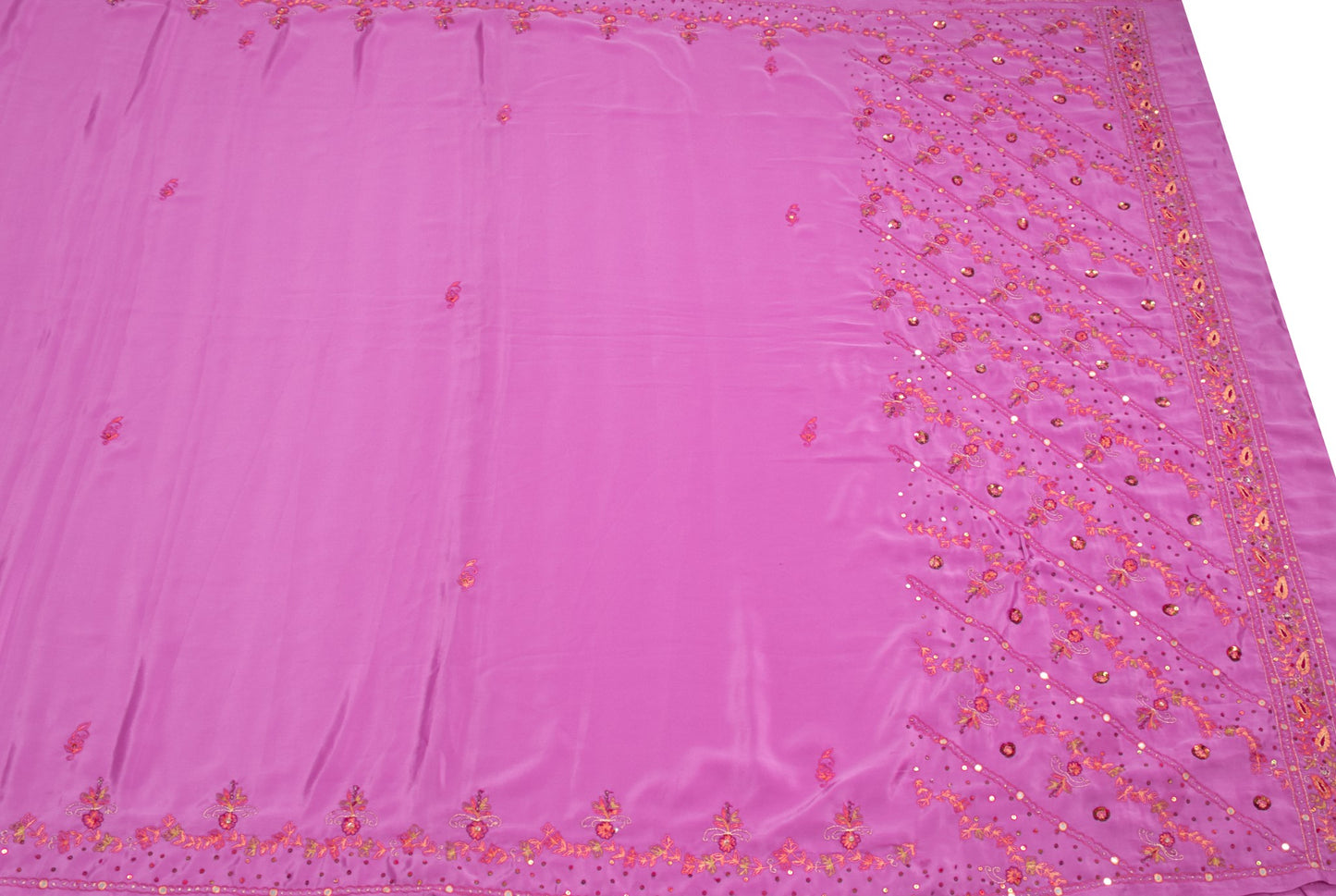 Sushila Vintage 6 Yard Pink Saree Hand Embroidered Art Crepe Sari Blouse Fabric