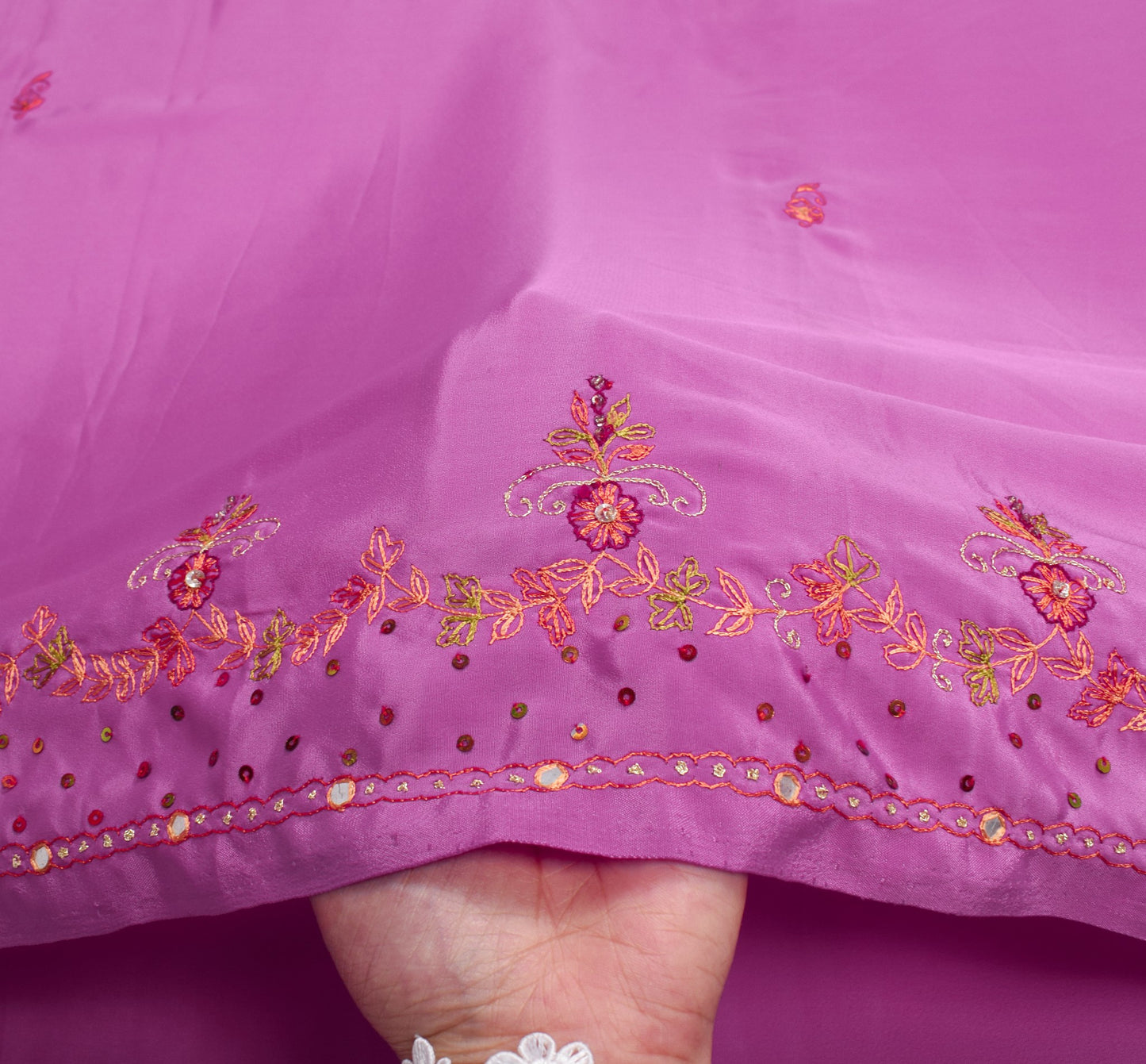 Sushila Vintage 6 Yard Pink Saree Hand Embroidered Art Crepe Sari Blouse Fabric