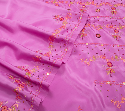 Sushila Vintage 6 Yard Pink Saree Hand Embroidered Art Crepe Sari Blouse Fabric