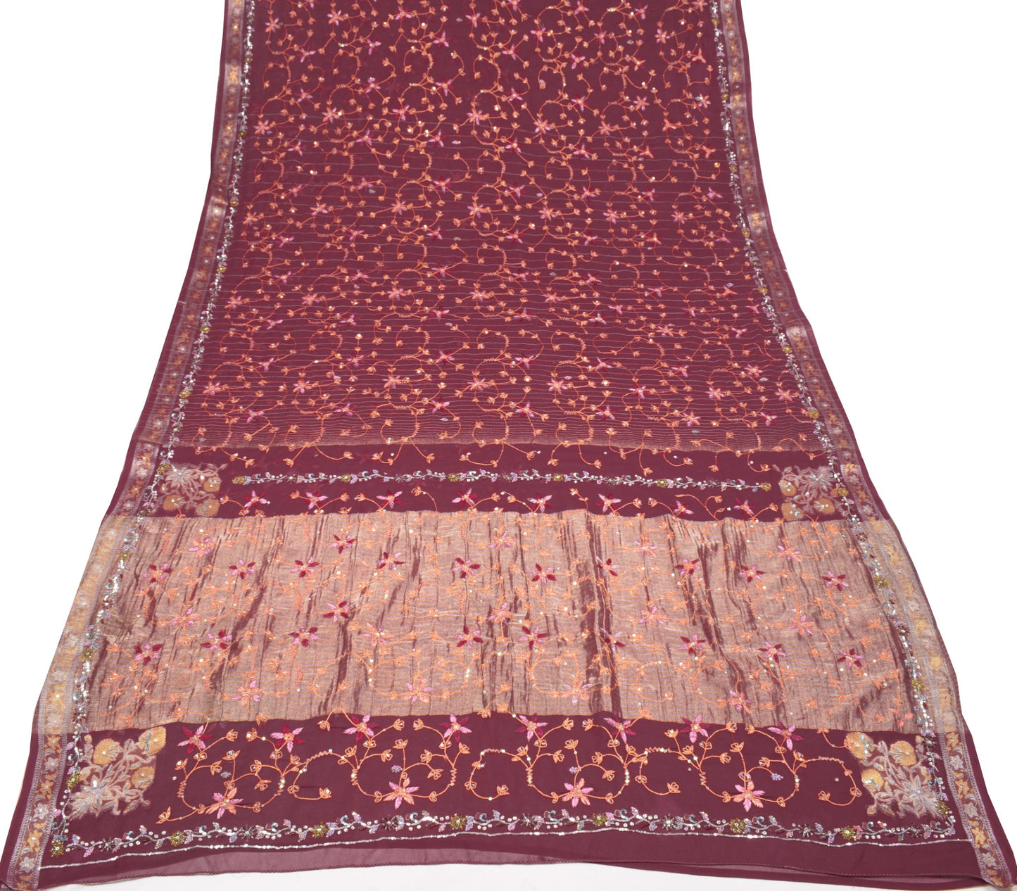 Sushila Vintage HEAVY Maroon Saree Art Georgette Sequins Work 6Yard Sari Fabric