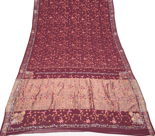 Sushila Vintage HEAVY Maroon Saree Art Georgette Sequins Work 6Yard Sari Fabric