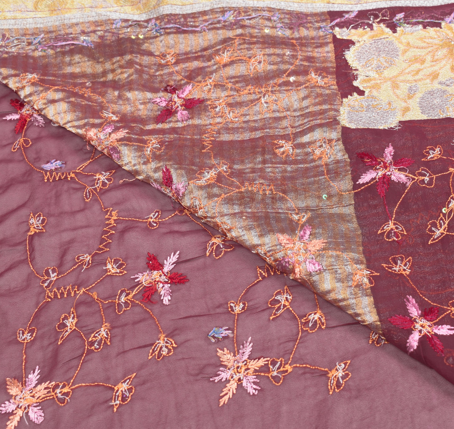 Sushila Vintage HEAVY Maroon Saree Art Georgette Sequins Work 6Yard Sari Fabric