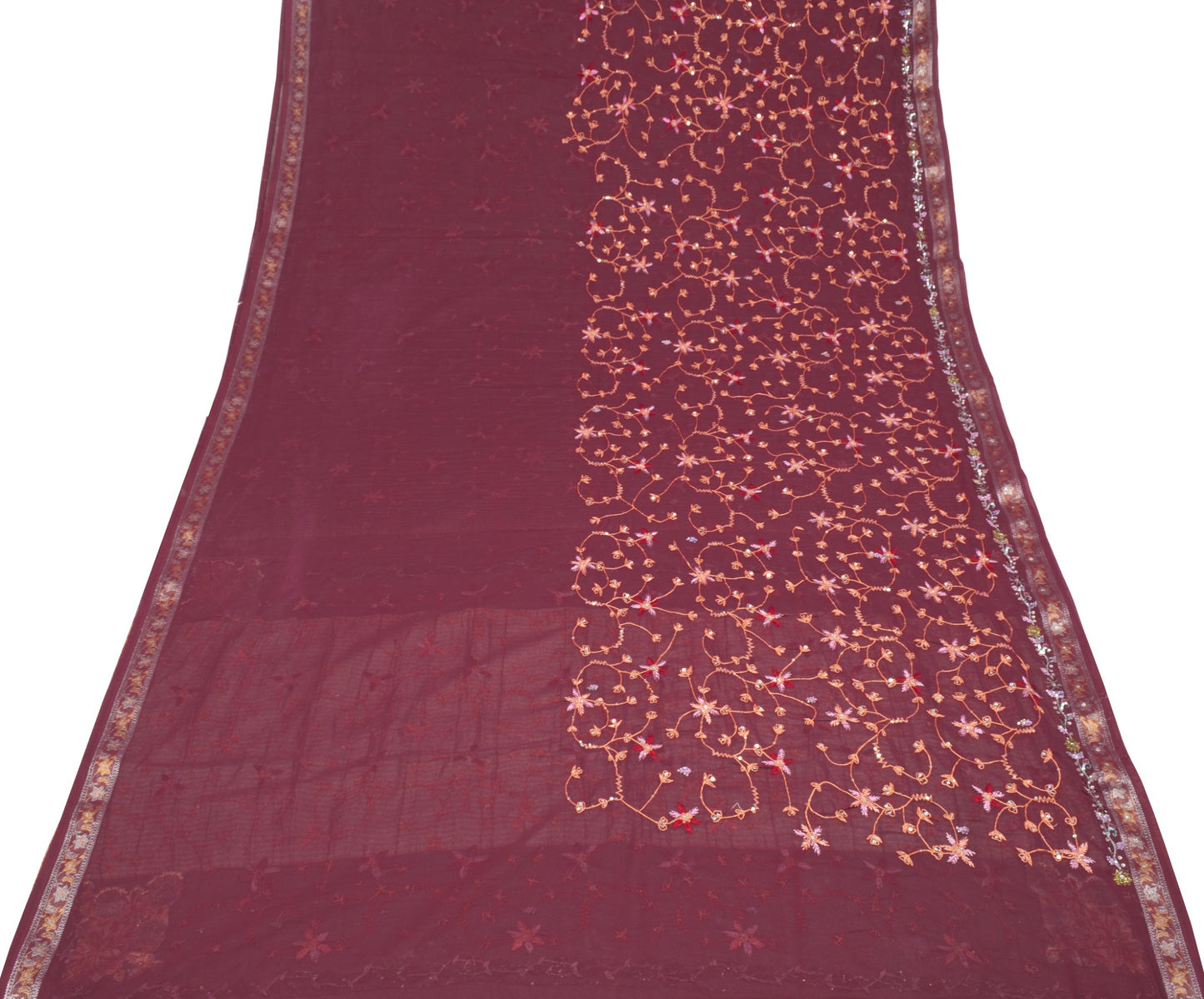 Sushila Vintage HEAVY Maroon Saree Art Georgette Sequins Work 6Yard Sari Fabric