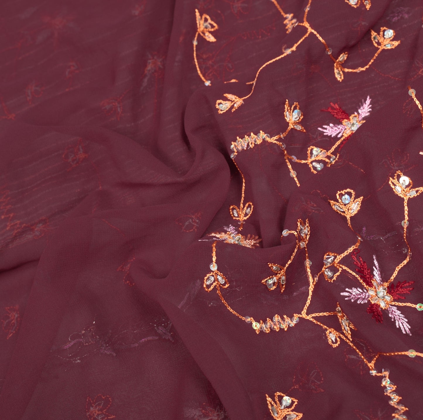 Sushila Vintage HEAVY Maroon Saree Art Georgette Sequins Work 6Yard Sari Fabric