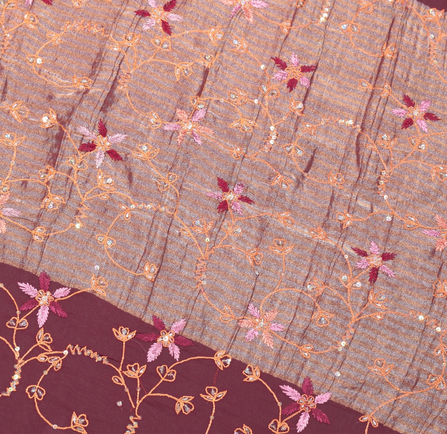 Sushila Vintage HEAVY Maroon Saree Art Georgette Sequins Work 6Yard Sari Fabric