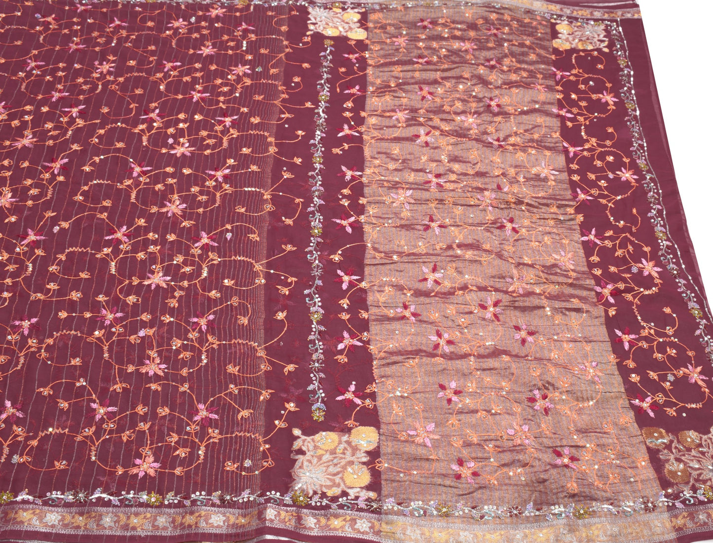 Sushila Vintage HEAVY Maroon Saree Art Georgette Sequins Work 6Yard Sari Fabric