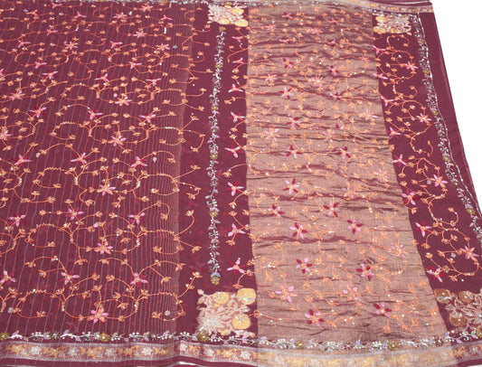Sushila Vintage HEAVY Maroon Saree Art Georgette Sequins Work 6Yard Sari Fabric