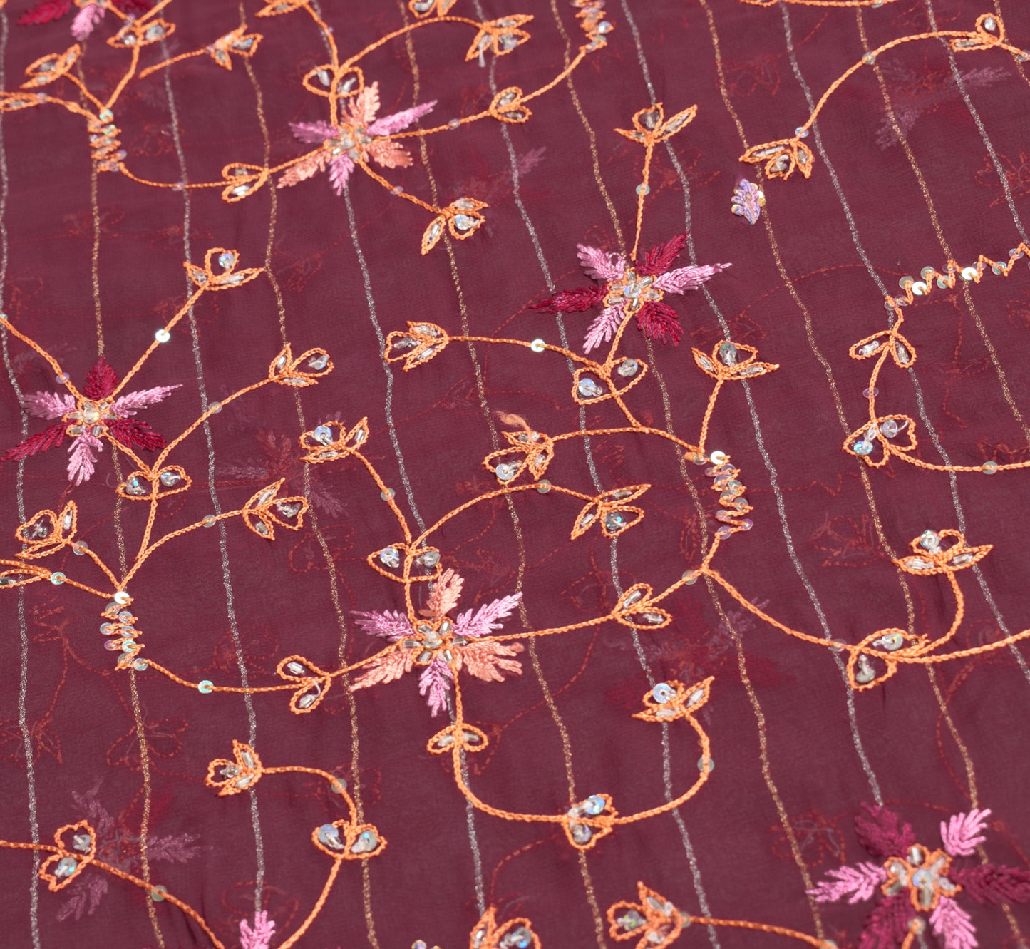 Sushila Vintage HEAVY Maroon Saree Art Georgette Sequins Work 6Yard Sari Fabric