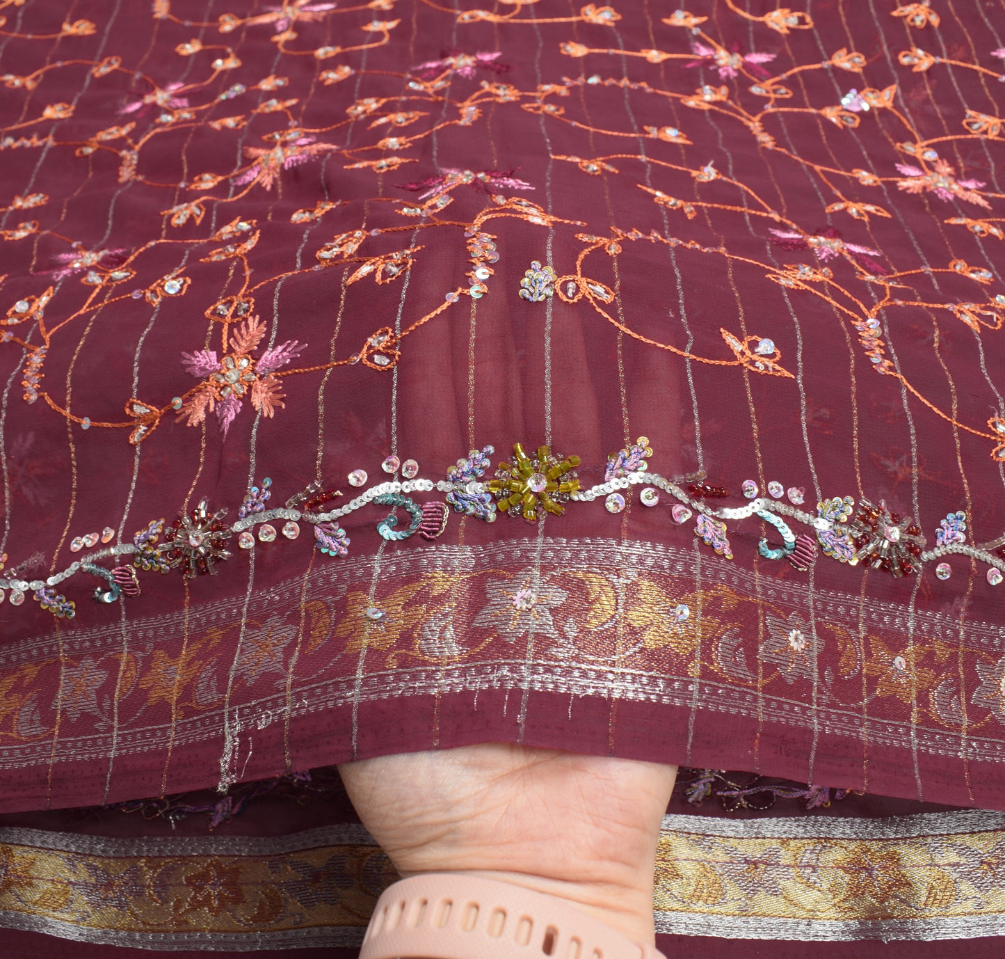 Sushila Vintage HEAVY Maroon Saree Art Georgette Sequins Work 6Yard Sari Fabric
