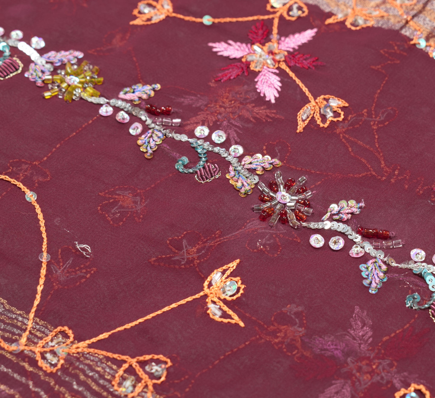 Sushila Vintage HEAVY Maroon Saree Art Georgette Sequins Work 6Yard Sari Fabric