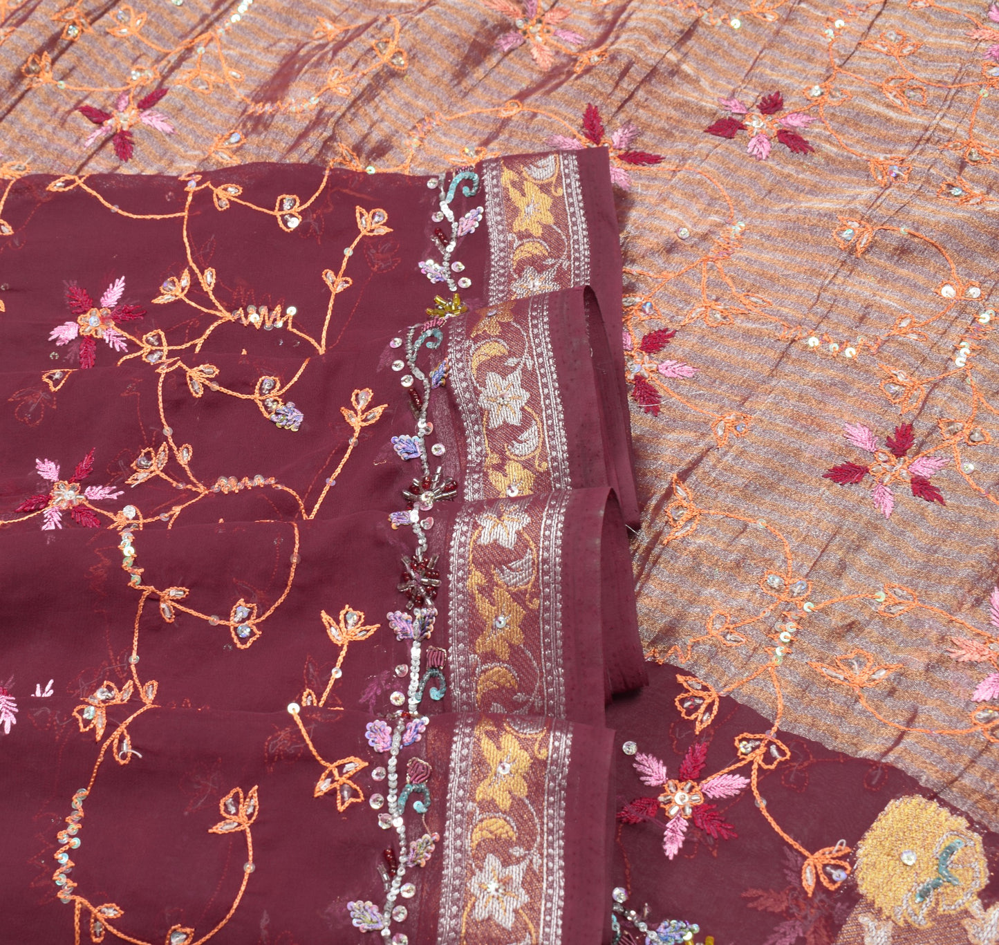 Sushila Vintage HEAVY Maroon Saree Art Georgette Sequins Work 6Yard Sari Fabric