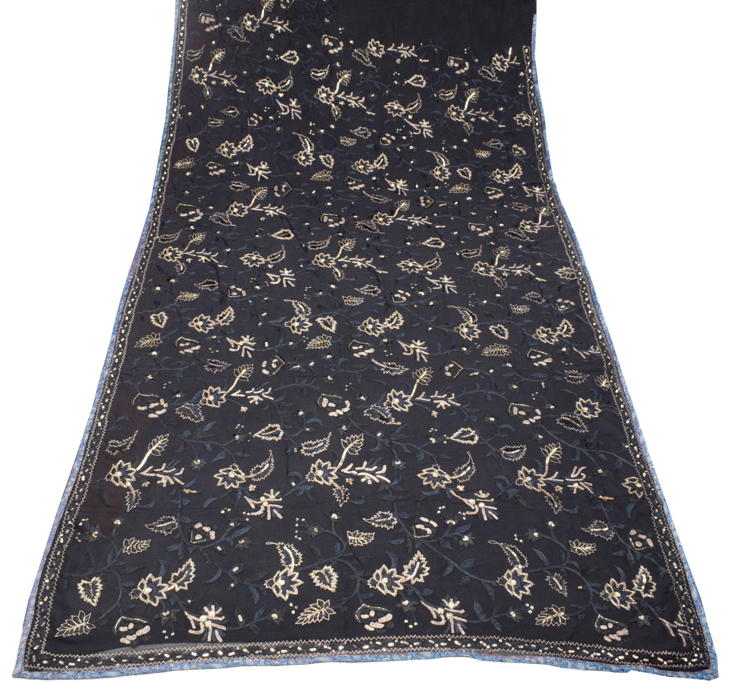 Sushila Vintage HEAVY Black Saree Pure Georgette Glass Beads Work Sari Fabric