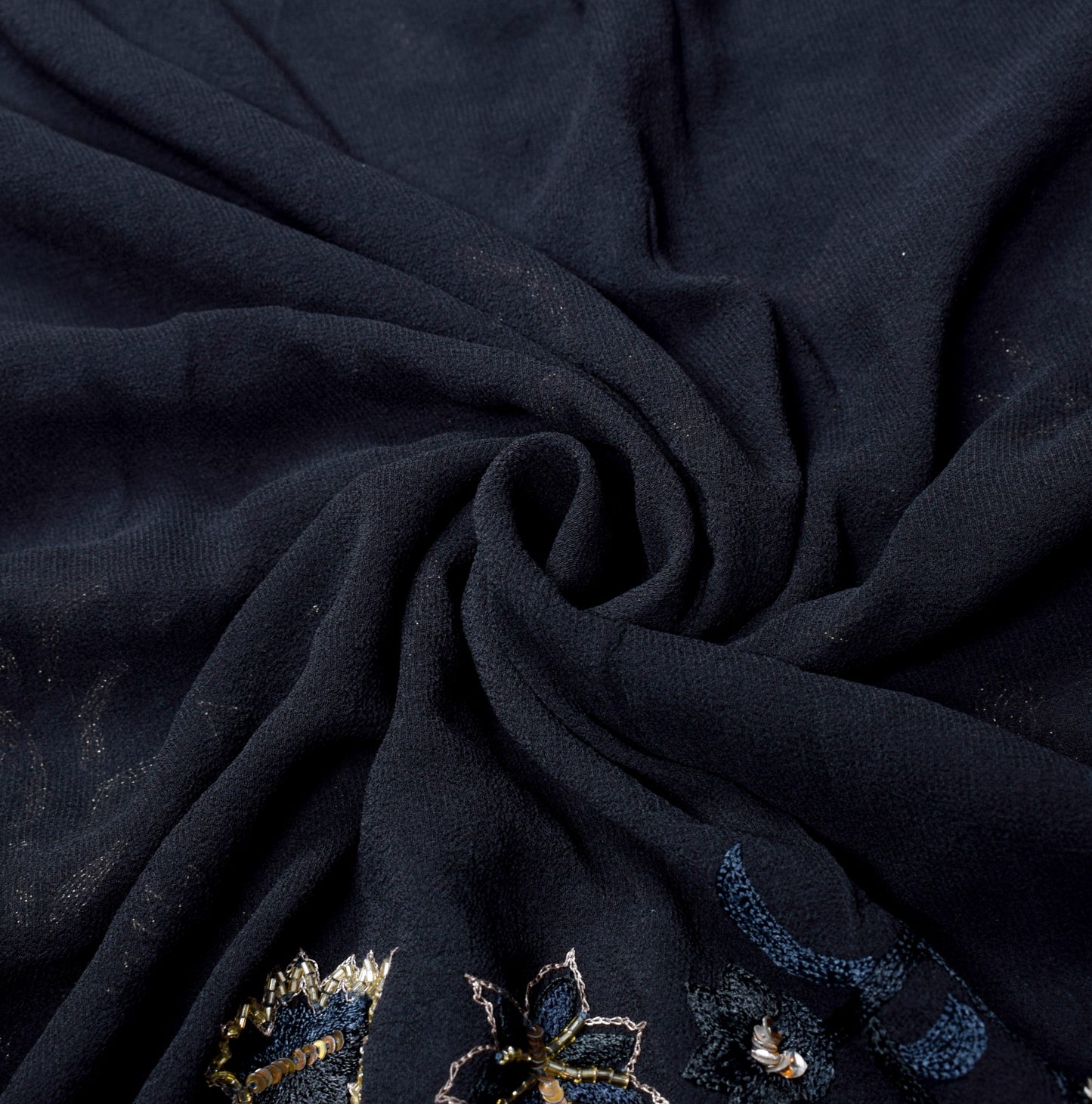 Sushila Vintage HEAVY Black Saree Pure Georgette Glass Beads Work Sari Fabric
