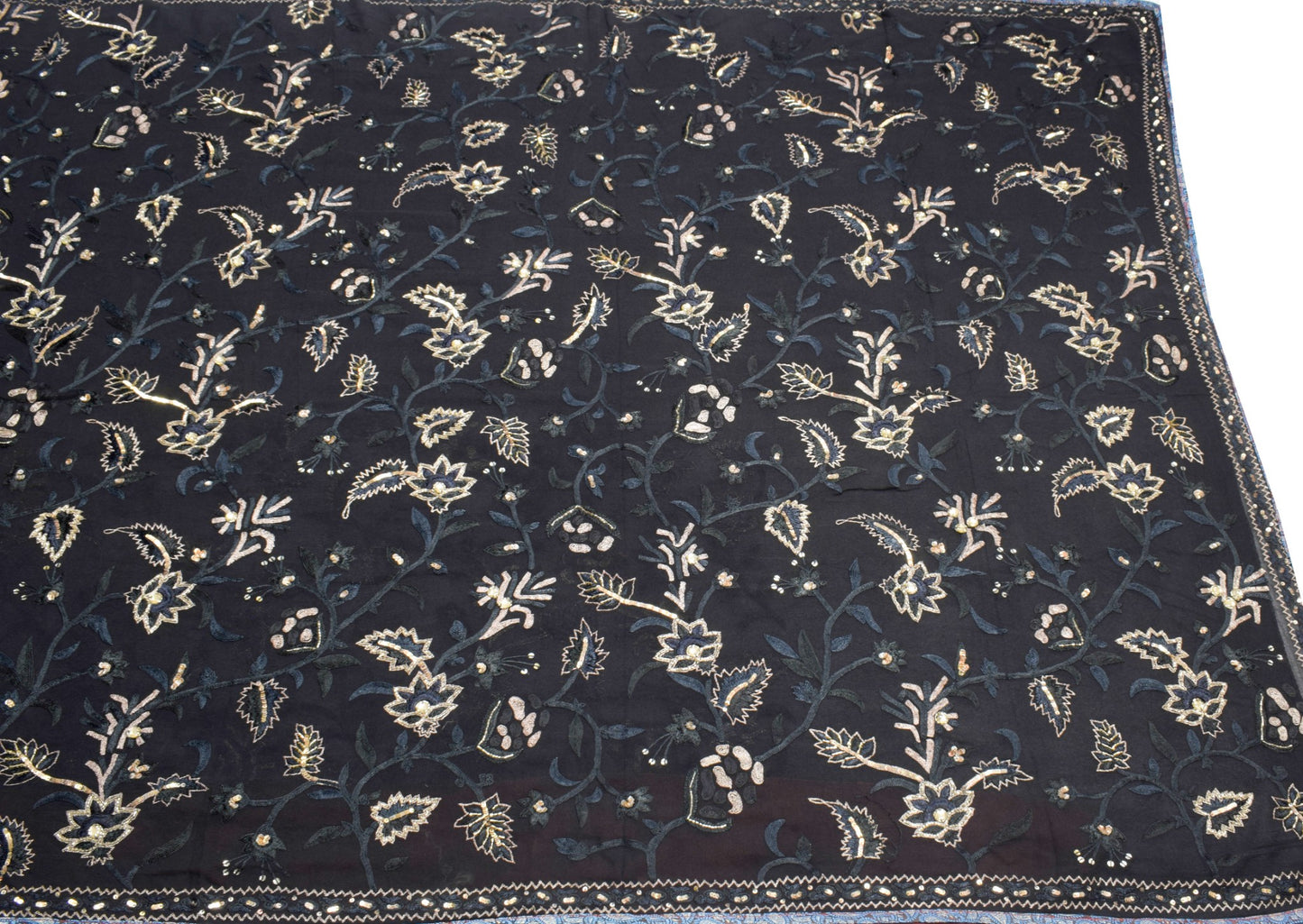 Sushila Vintage HEAVY Black Saree Pure Georgette Glass Beads Work Sari Fabric