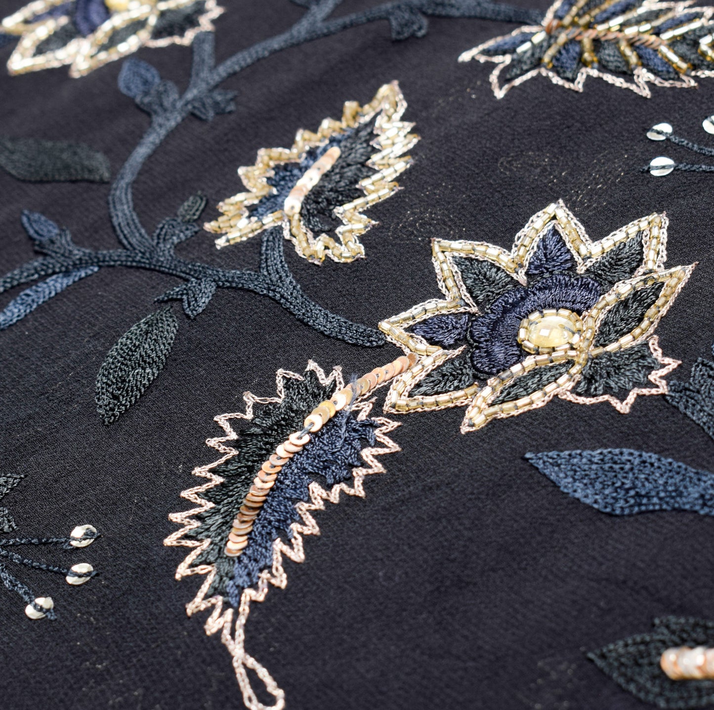 Sushila Vintage HEAVY Black Saree Pure Georgette Glass Beads Work Sari Fabric
