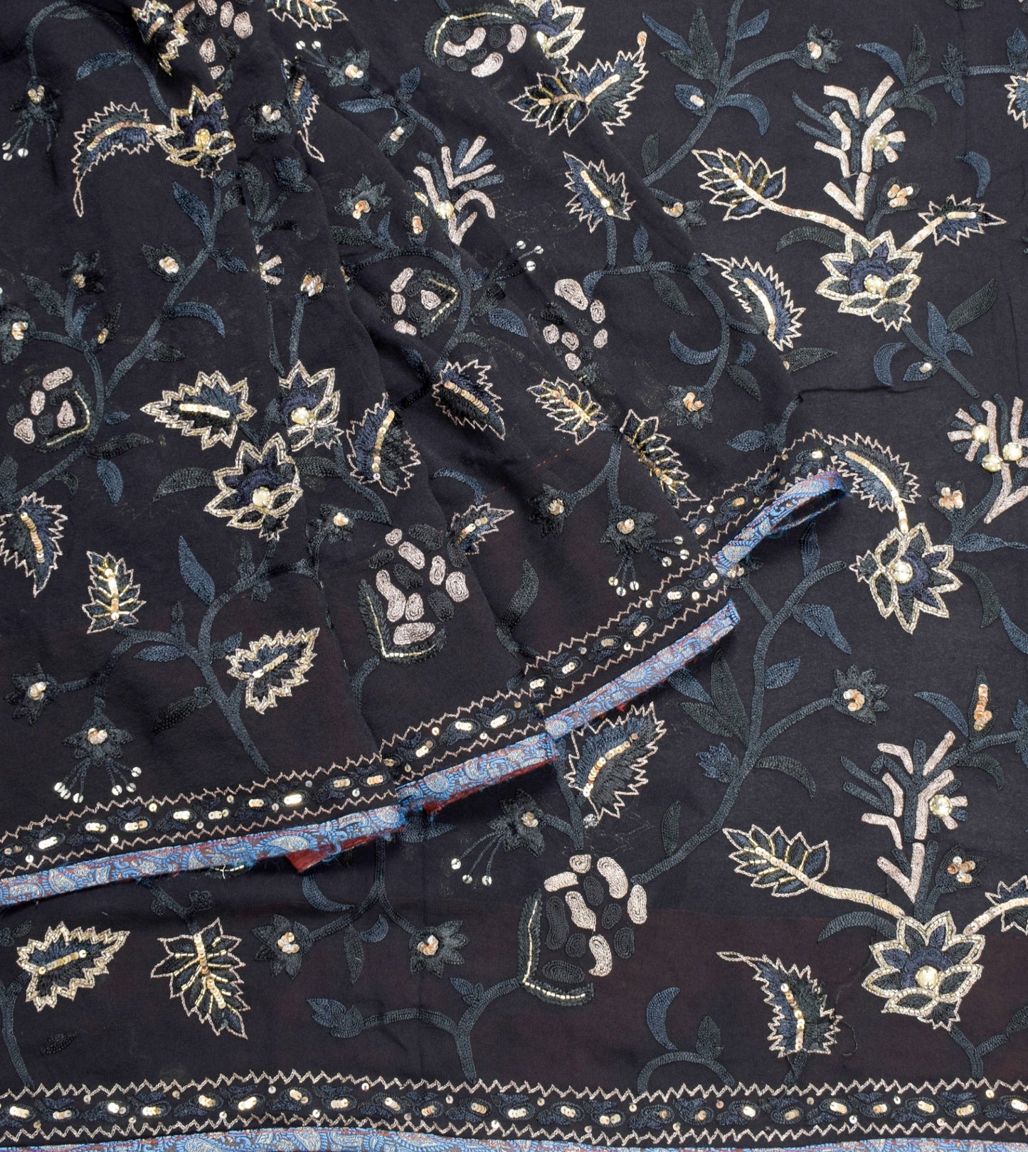 Sushila Vintage HEAVY Black Saree Pure Georgette Glass Beads Work Sari Fabric