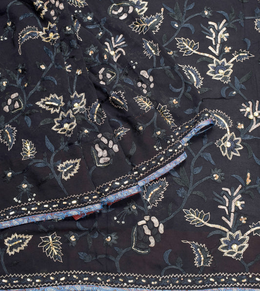 Sushila Vintage HEAVY Black Saree Pure Georgette Glass Beads Work Sari Fabric