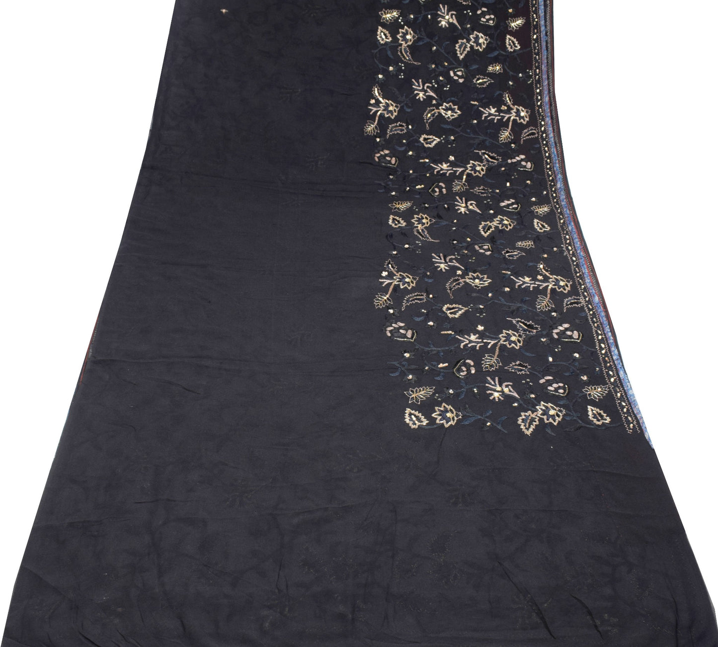 Sushila Vintage HEAVY Black Saree Pure Georgette Glass Beads Work Sari Fabric