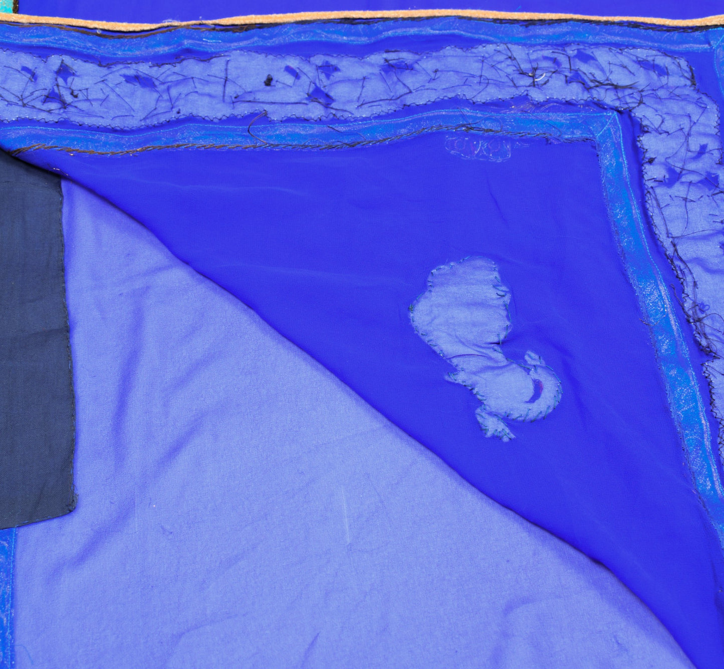 Sushila Vintage Handmade AppliqueWork Saree Art Georgette HEAVY Blue Sari Fabric