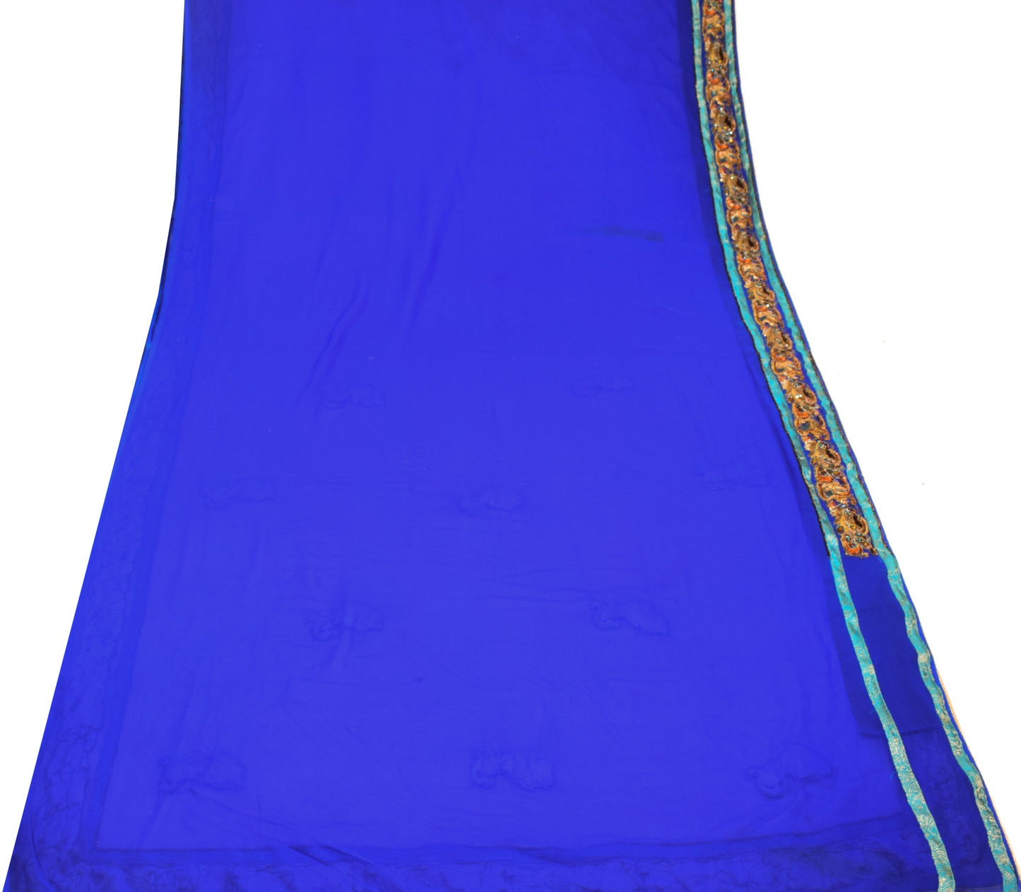 Sushila Vintage Handmade AppliqueWork Saree Art Georgette HEAVY Blue Sari Fabric