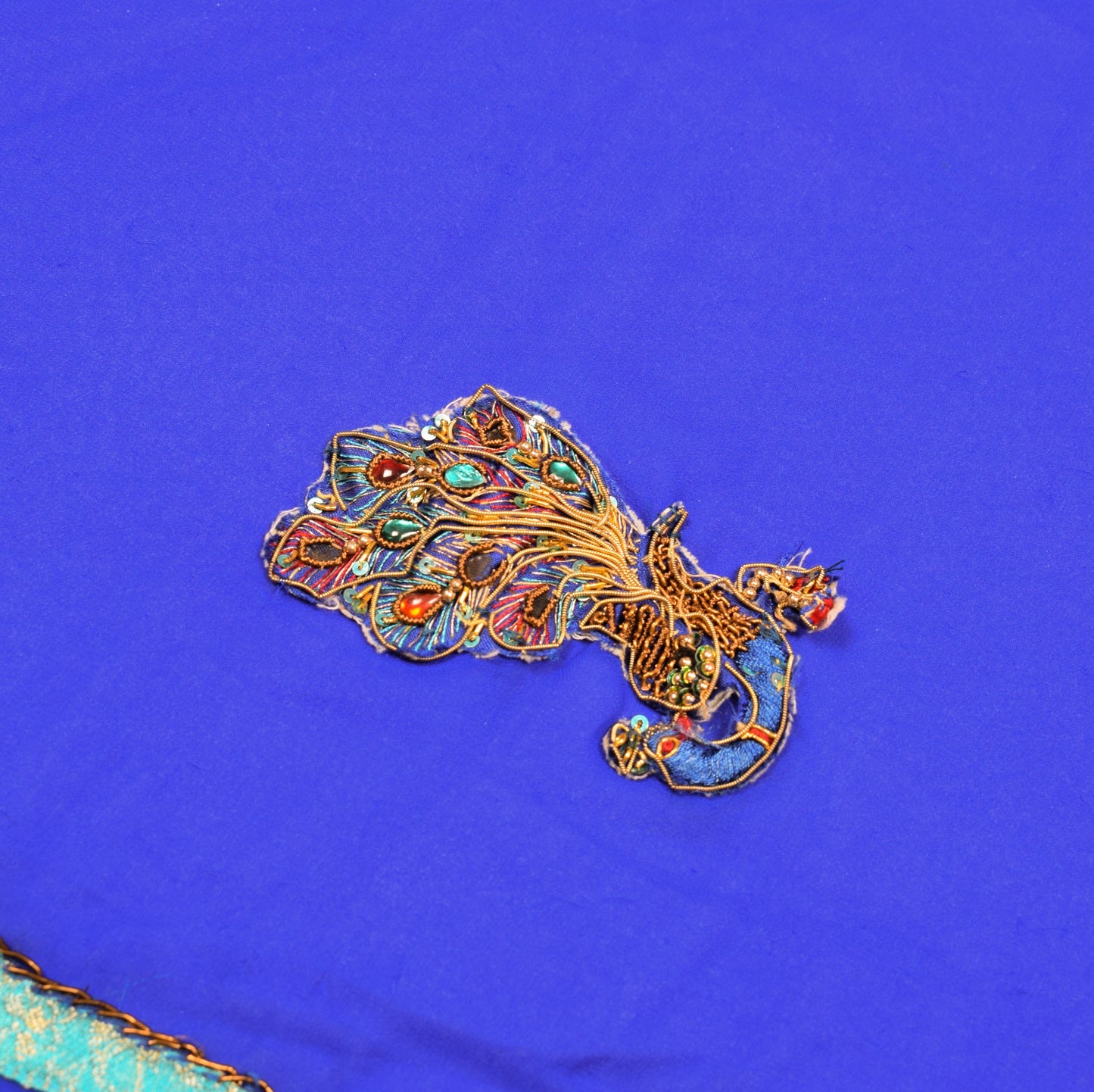 Sushila Vintage Handmade AppliqueWork Saree Art Georgette HEAVY Blue Sari Fabric